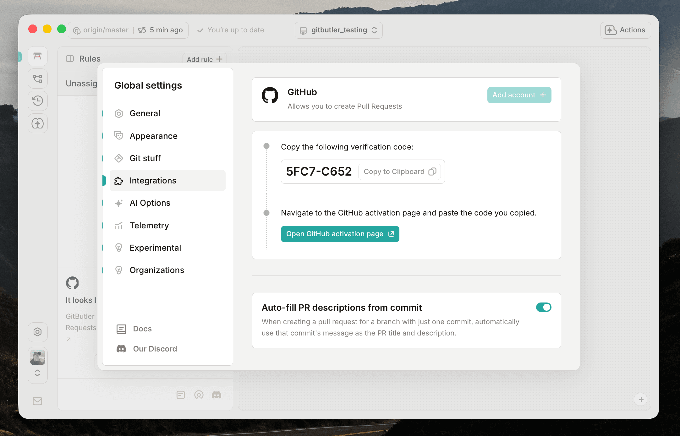 URL to authorize GitHub integration